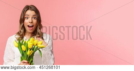 Spring, Happiness And Celebration Concept. Close-up Of Surprised And Wondered Young Blond Girl In Wh