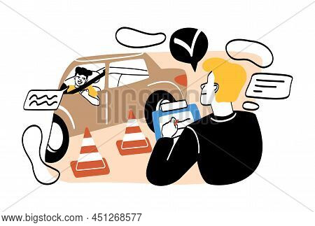Education Process In Drive. Man Notes Correctness Of Driving Another Character. Young Guy With Noteb