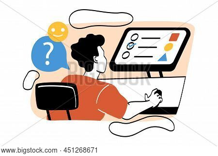 Education Process In Drive. Young Man Sits At Monitor, Modern Technology And Training On Internet. C