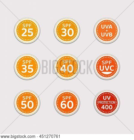 Spf Stickers Set Vector Illustration. Sun Protection Factor Icons For Sunscreen Packaging Product, S