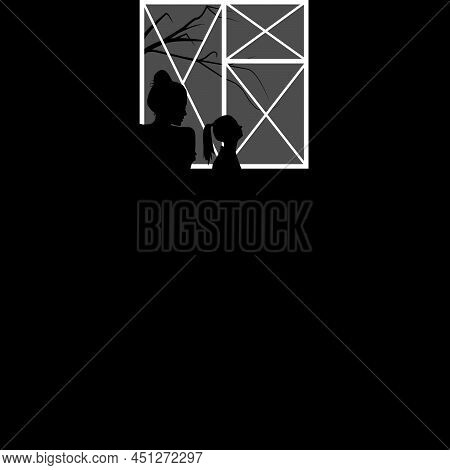 Silhouette Of A Woman And A Child At The Window Covered With Crossed Stripes During The Curfew