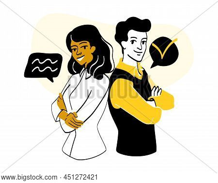 People In Office. Colleagues, Man And Girl Stand Back To Back. Hard Working Employees. Young Couple,