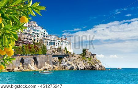Beautiful View Of Amalfi On The Mediterranean Coast With Lemons In The Foreground, Italy
