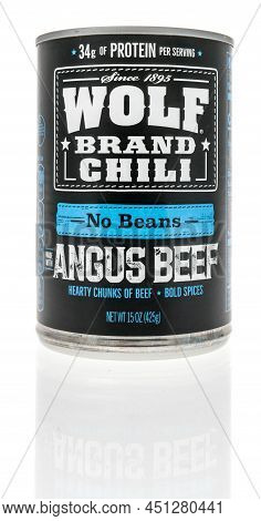 Winneconne, Wi -19 March 2021: A Can Of Wolf Brank Chili Angus Beef Chili On An Isolated Background
