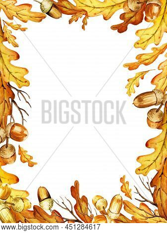 Hand Draw Watercolor Border With Oak Leaves And Acorns, Yellow And Orange Colour, Autumn Leaf. Ideal