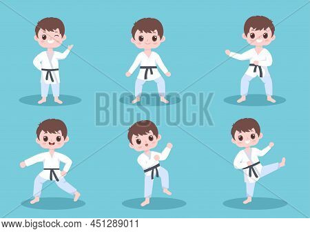 Cute Cartoon Kids Doing Some Basic Karate Martial Arts Moves, Fighting Pose And Wearing Kimono In Fl