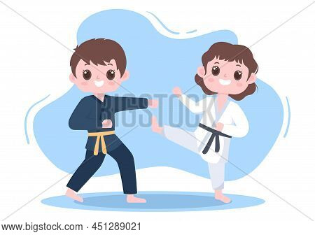 Cute Cartoon Kids Doing Some Basic Karate Martial Arts Moves, Fighting Pose And Wearing Kimono In Fl