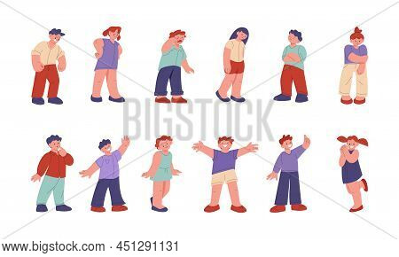 Emotional Kids Characters. Scared Shamed Boy, Emotions Children. Isolated Sad And Fear Kid, Happy An