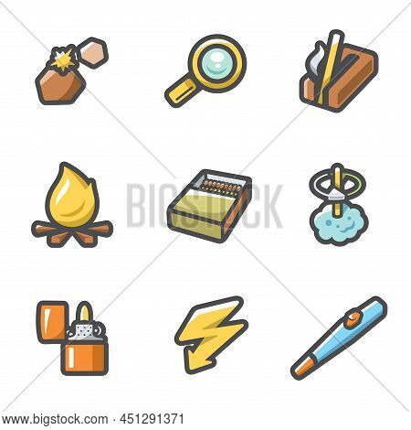 Make A Fire, The Fire Source Icons Set. Vector Illustration.