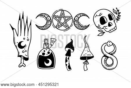 Mystical Trippy Isolated Cliparts Bundle, Goblincore Aesthetics, Mystical Bottle, Skull, Witchy Moon