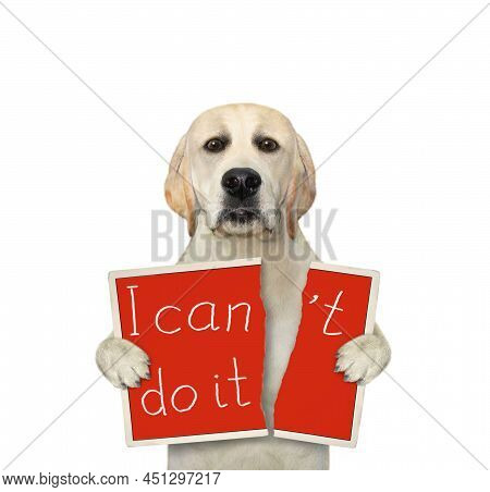 A Dog Labrador Tears A Red Sheet Of Paper That Says I Can't. White Background. Isolated.