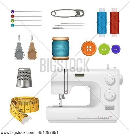 Sewing Machine. Realistic Tailor Kit Sewing Professional Production Collection Elements Needles Thre