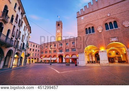 Treviso, Italy. Cityscape Image Of Historical Center Of Treviso, Italy With Old Square At Sunrise.