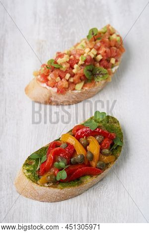 Two Bruscettas On Wooden Background Or Table