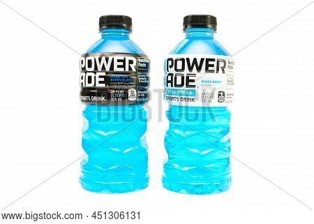 Mountain Blast Flavor Isolated Over White. Powerade Replenishes Vitamins And Electrolytes Lost Durin