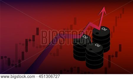 Price Growth Charts For Oil On Red Background With Barrels And Red Upward Arrows. World Crisis And C