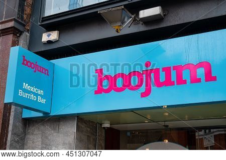 Belfast, Uk- Feb 19, 2022: The Sign For Boojum Mexican Burrito Bar In Belfast Northern Ireland.