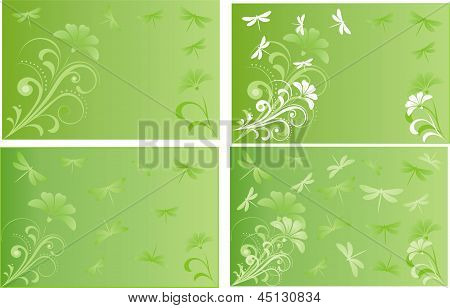 Illustrerede postkort med blomster og guldsmede
