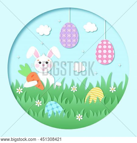 Easter Card Paper Cut Out Concept. Easter Egg Hunt. White Rabbit With A Carrot On A Green Lawn. Brig