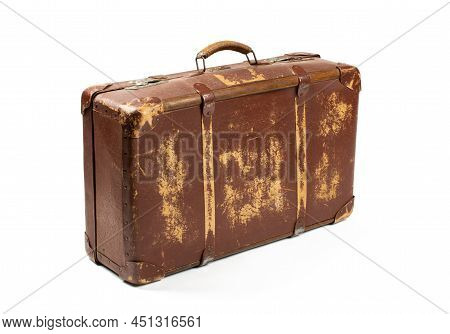 Vintage Style. Antiquated And Used Suitcase  Isolated On White Background