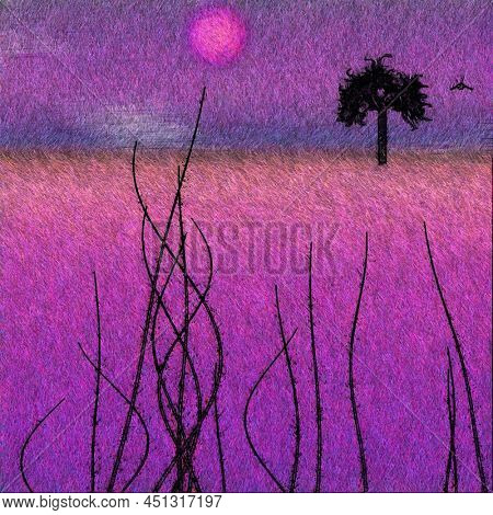 Purple sunset. Anstract nature. 3D rendering