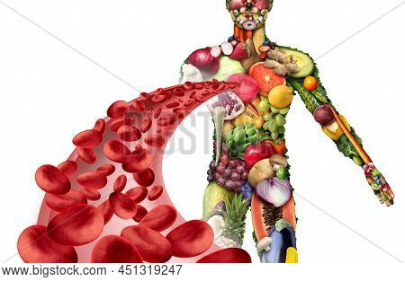 Fruits Vegetables And Blood Health As Fruit And Vegetable Group Shaped As A Human Body With A Health