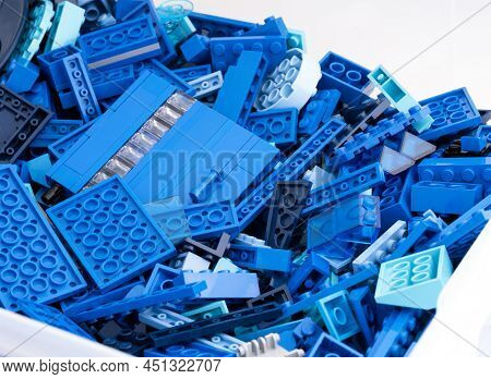 Tambov, Russian Federation - July 12, 2021 Many Blue Lego Blocks, Bricks And Pieces In A Large Plast