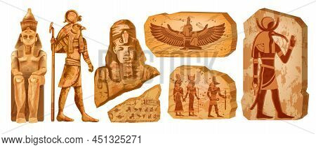 Egypt Stone Board Kit, Vector Ancient Egyptian Statue, Old Rock Tablet, Gods Silhouette, Hieroglyphs