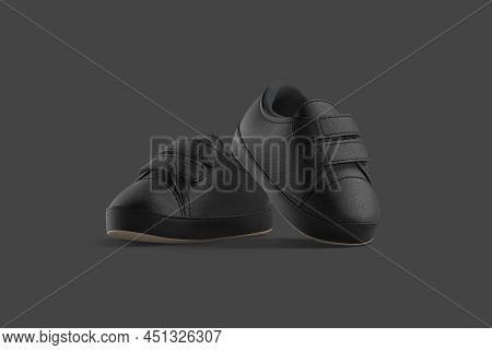 Blank Black Baby Shoes Pair Mockup On Tiptoe, Dark Background, 3d Rendering. Empty Sport Booty For T