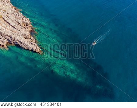 Picturesque Sea Adriatic Coast Of Montenegro. Turquoise Mediteran Sea And Rocky Shore With Evergreen