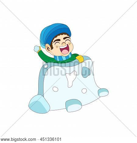 Isolated Boy Iglu Kids Rain Winter Weather Vector Illustarion