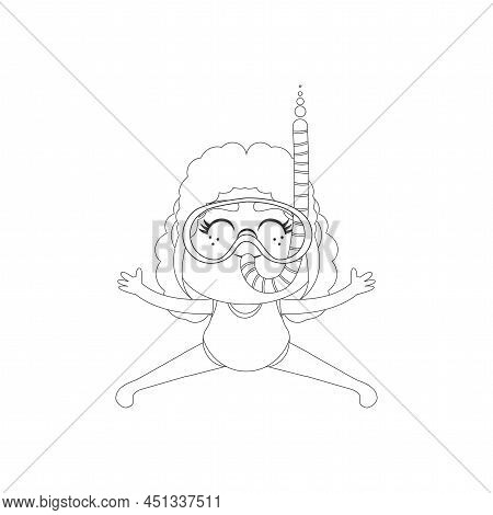 Isolated Girl Snorke Beach Draw Summer Kids Holiday Vector Illustration