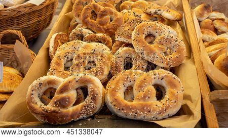 Fresh Oven Baked Pretzels With Sesame Seeds Home Made.