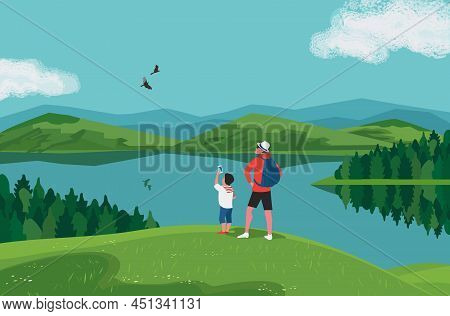 Dad, Son Hiking Together In Mountains Vector. Fathers Day Concept. Father, Kid Boy Enjoy Top Of Moun