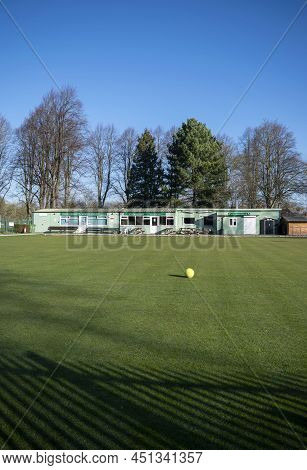 Grantham, England- March 10, 2022. The Old Pavilion Tea Rooms With Green Field Where People Can Play