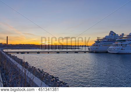 Tallinn, Estonia -march 06, 2022: Aida Cruise Ship At Night In Terminal. Aida Luxury Liner In Bright