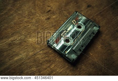 Tdk Film Audio Cassette, On A Wooden Table. Old Ways Of Listening To Music.