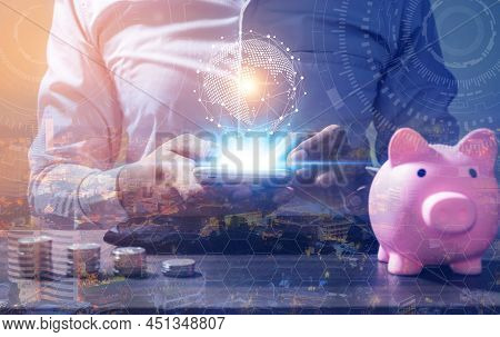 Double Exposure, Online Banking Savings Concept, Online Investment Savings, Online Stock Investors, 