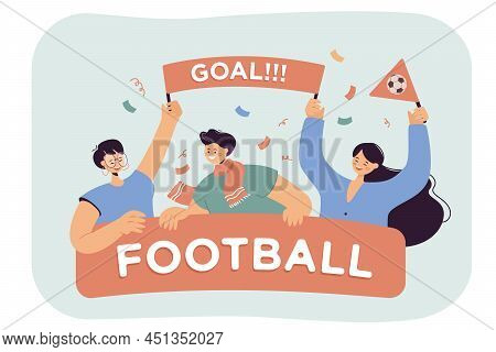 Happy Open-air Football Fans Flat Vector Illustration. Group Of Active People With Banner Football C
