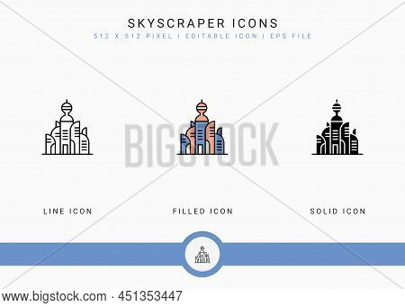 Skyscraper Icons Set Vector Illustration With Solid Icon Line Style. City Building Concept. Editable