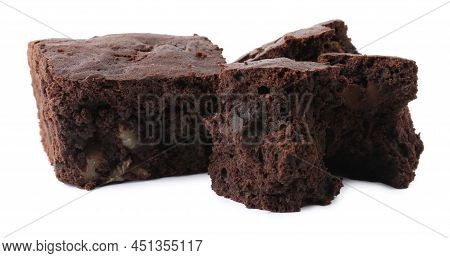 Delicious Chocolate Brownies With Nuts On White Background