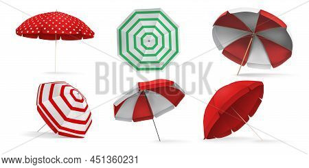 Realistic 3d Sea Beach Umbrella For Sun Protection. Sunshade Parasol With White Red Stripes Top And 