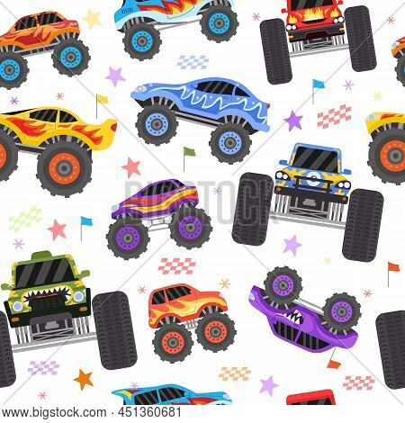 Seamless Pattern With Cartoon Monster Trucks For Boy. Extreme Racing Heavy Cars With Big Tires. Toys