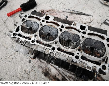 Replacing A Valve In A Car Engine. Valve Block Of The Engine Of The Car.