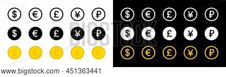 Currencies And Money Signs. Symbols Of Dollar, Yen, Euro, Ruble, Pound, Yuan And Usd In Circles - Co