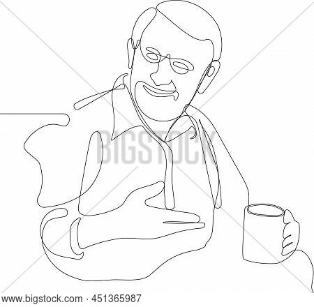 Continuous One Line Drawing Of A Relaxed Senior Gentleman Old Man Drinking Tea. Minimal Outline Conc