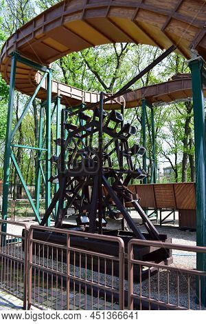 Kharkov, Ukraine, May 2021. Water Wheel Attraction, Engineering Design. Water Mill. The Wheel Of The