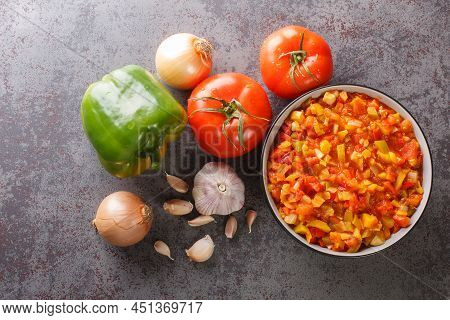 Sofrito Base Sauce From Fresh Vegetables Close-up In A Bowl On The Table. Horizontal Top View From A