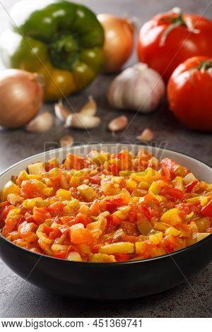 Sofrito Is A Basic Sauce Of Green Pepper, Onion, Tomato, Garlic, And Other Seasonings Closeup In The