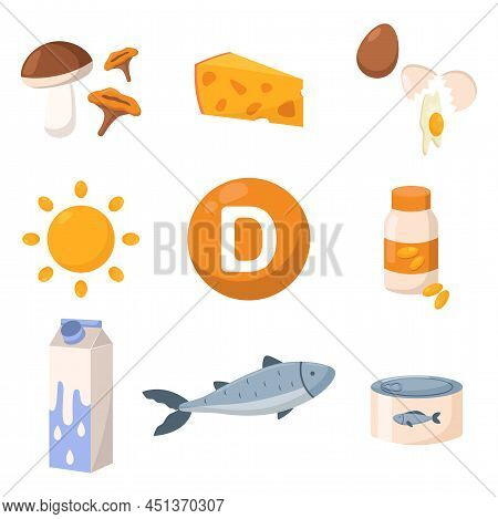 Healthy Food Enriched With Vitamin D Vector Illustrations Set. Sources Of Vitamin D, Mushrooms, Chee